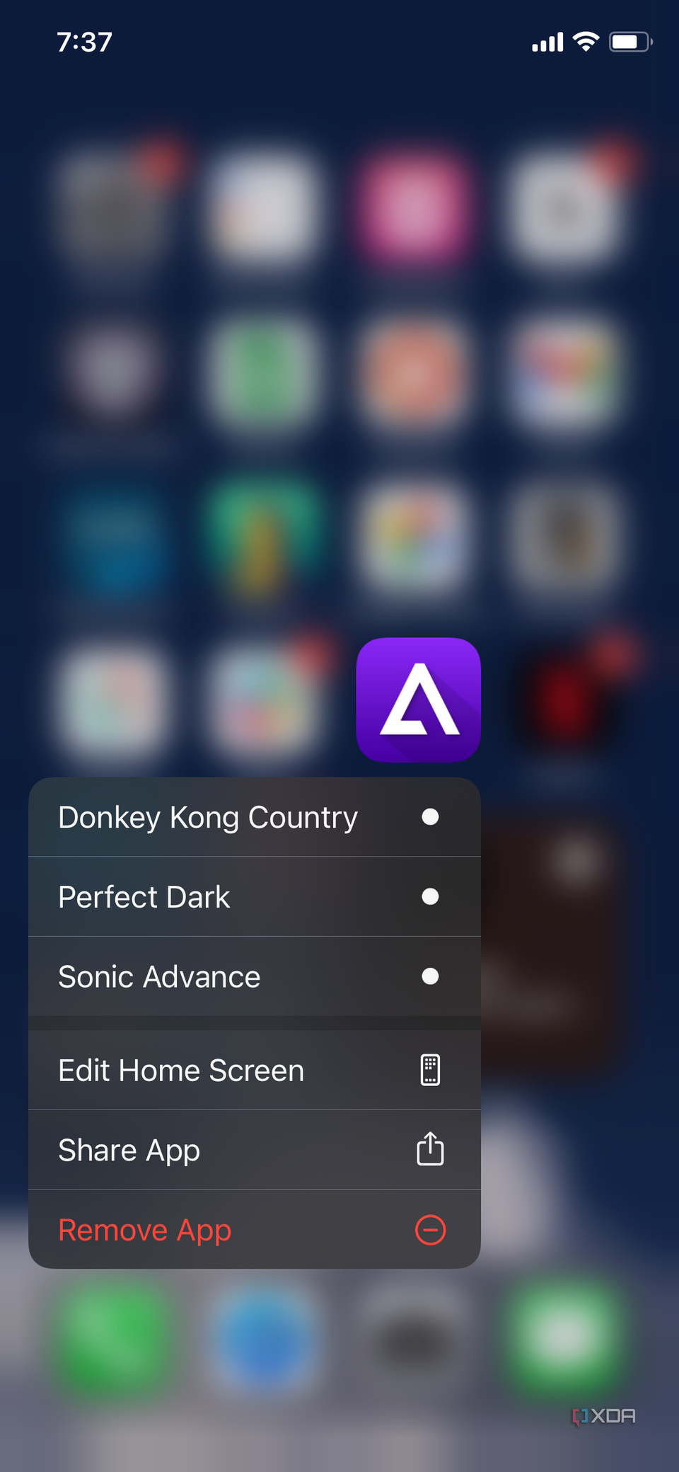 An iOS screenshot showing the Delta app and three games as Home Screen shortcuts