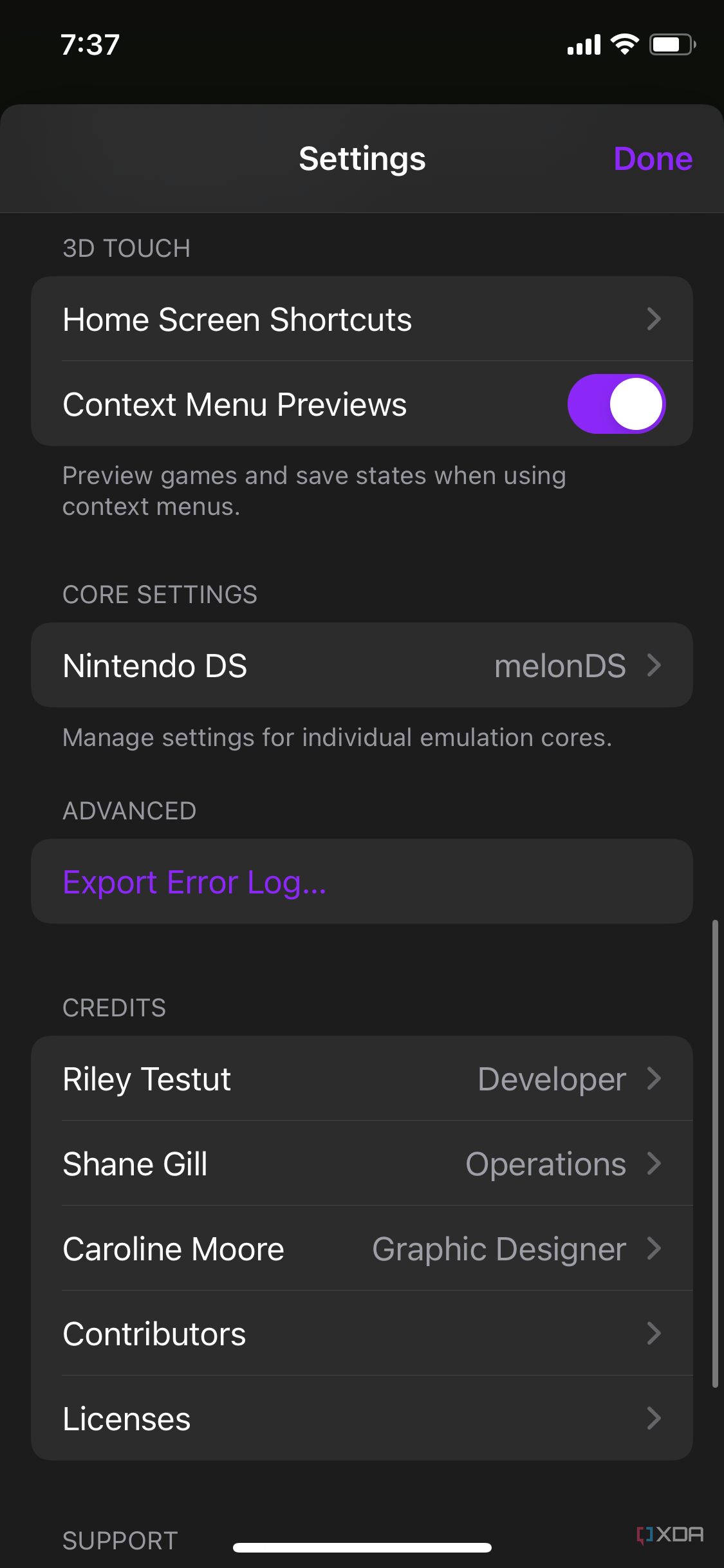 Uno screenshot iOS di Delta che mostra le impostazioni dei collegamenti della schermata Home in alto