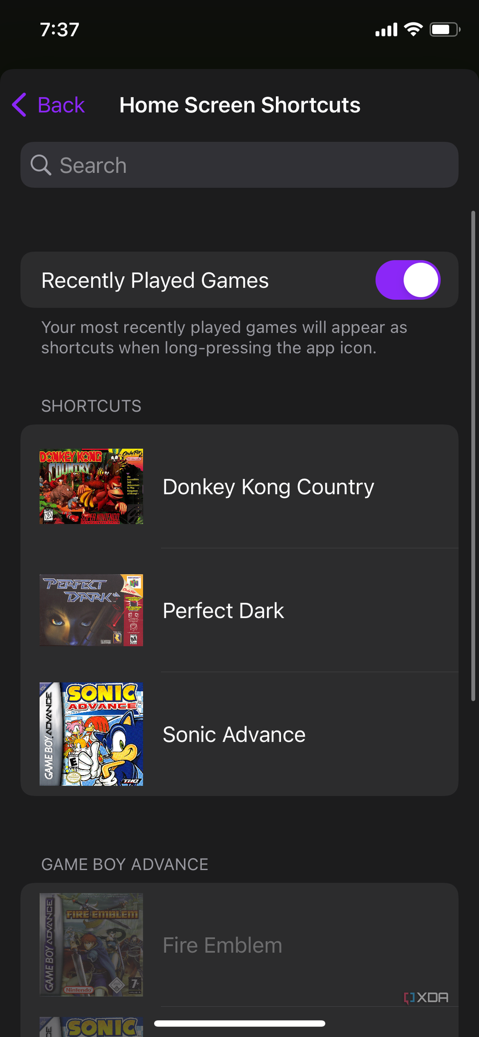An iOS screenshot of Delta showing the games added as Home Screen shortcuts.