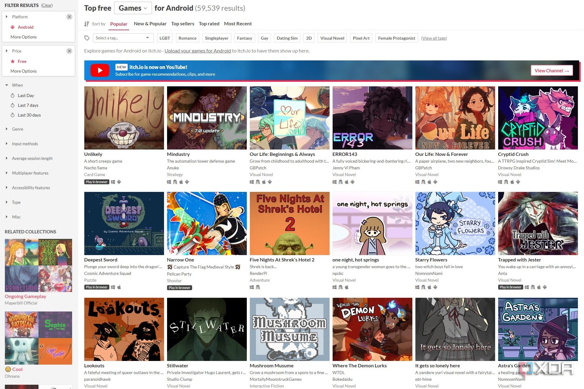 Screenshot of Android games on Itch.io