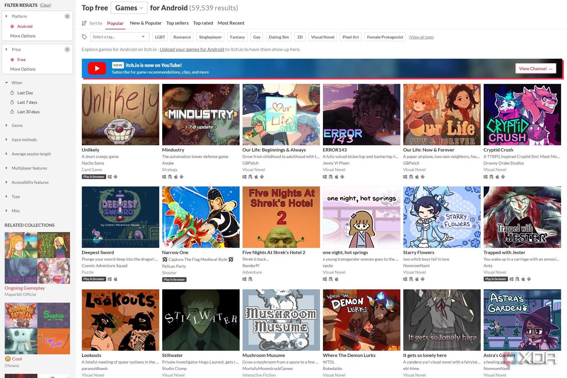 Screenshot of Android games on Itch.io