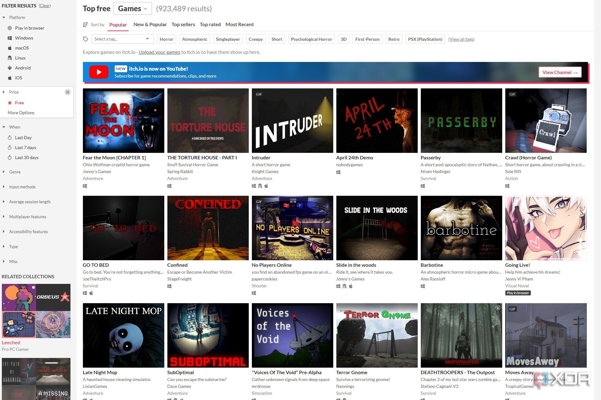Screenshot of free games on Itch.io