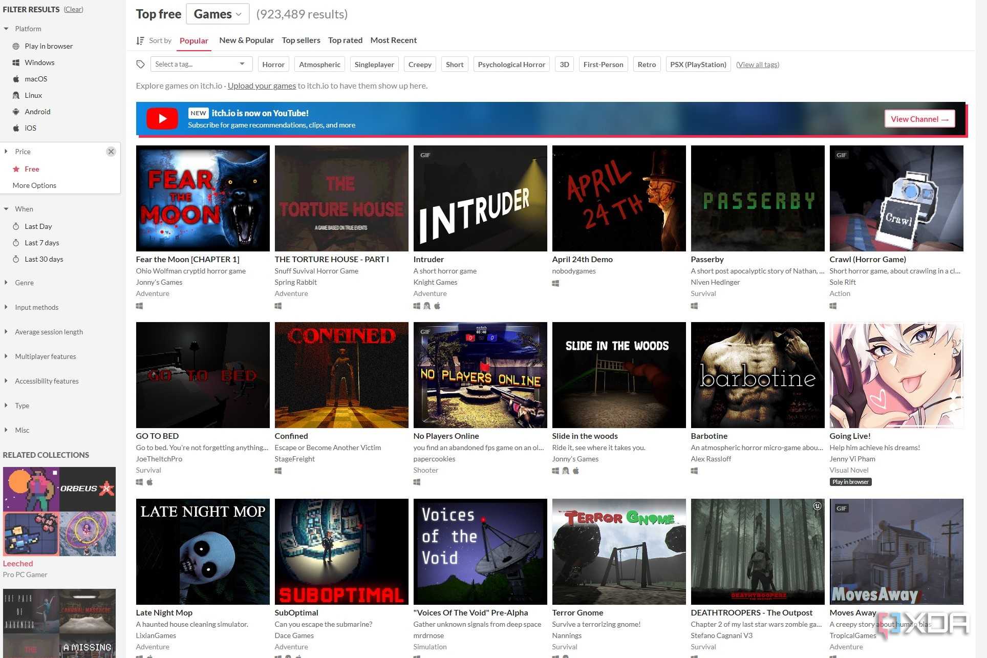 Screenshot of free games on Itch.io