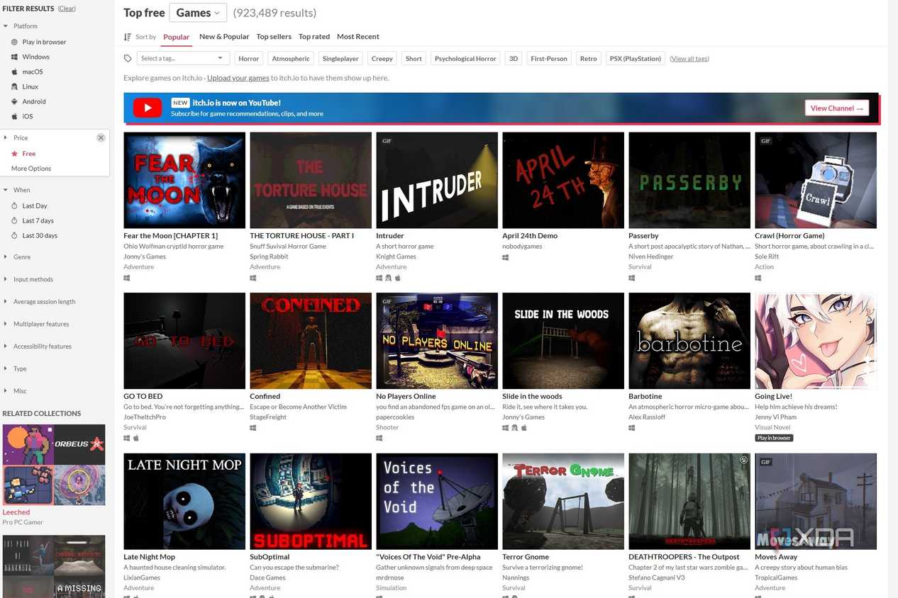 Screenshot of free games on Itch.io