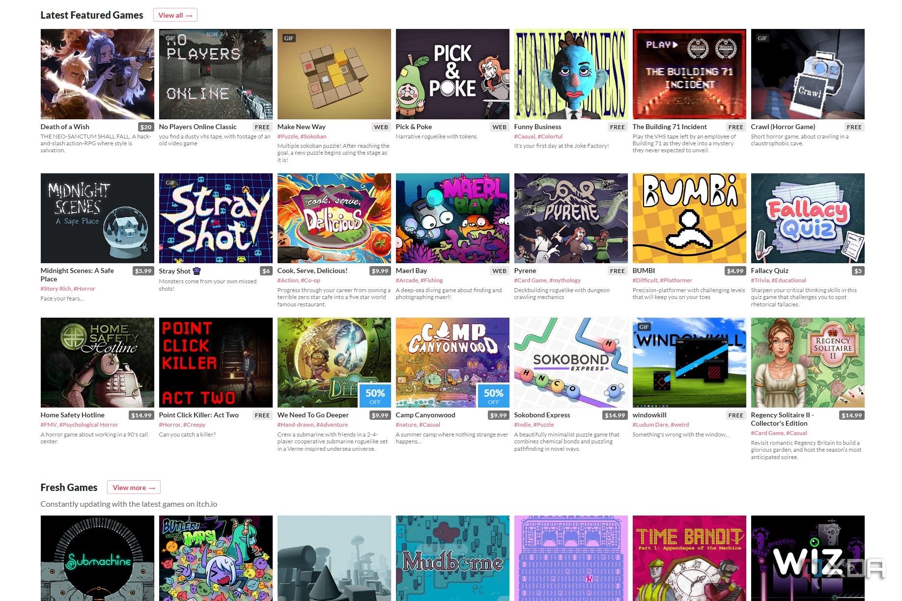 Screenshot of Itch.io home page