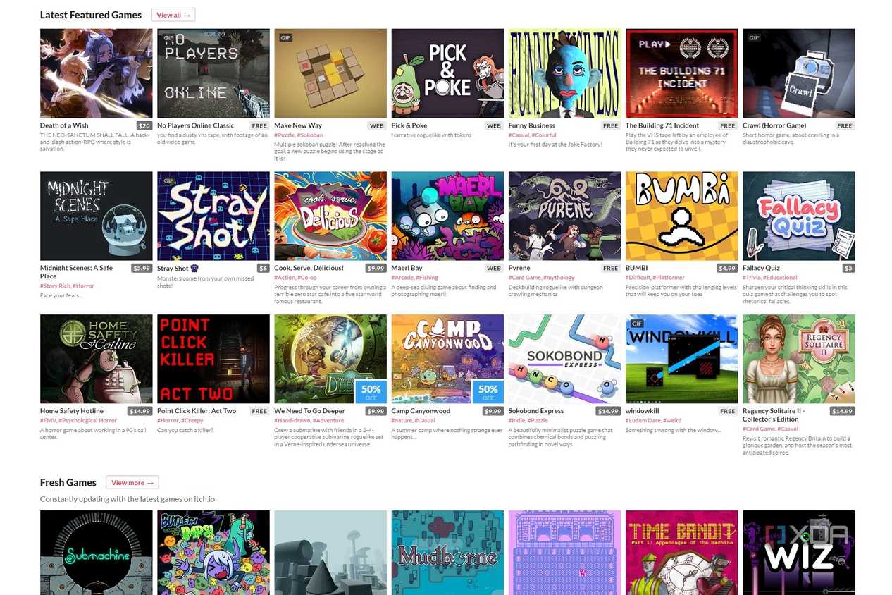 Screenshot of Itch.io home page