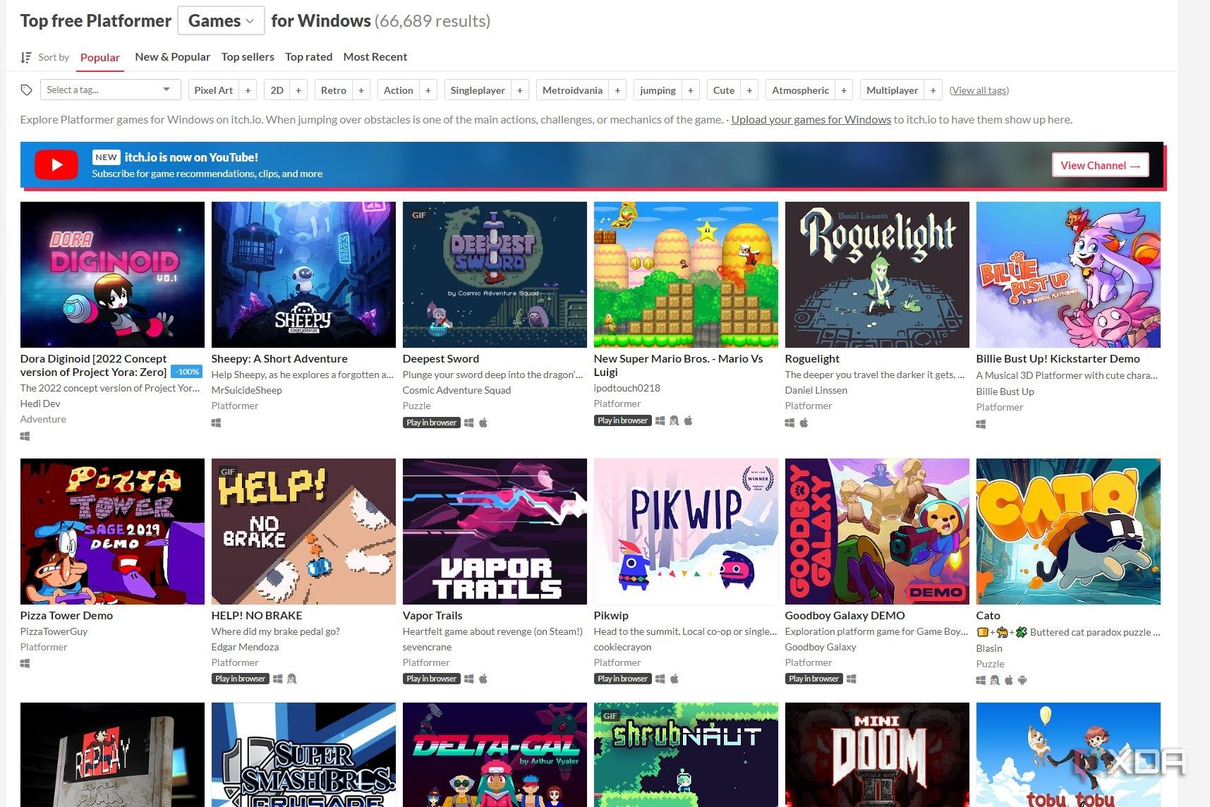 Screenshot of platformer games on Itch.io