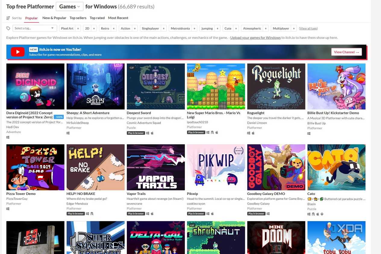 Screenshot of platformer games on Itch.io