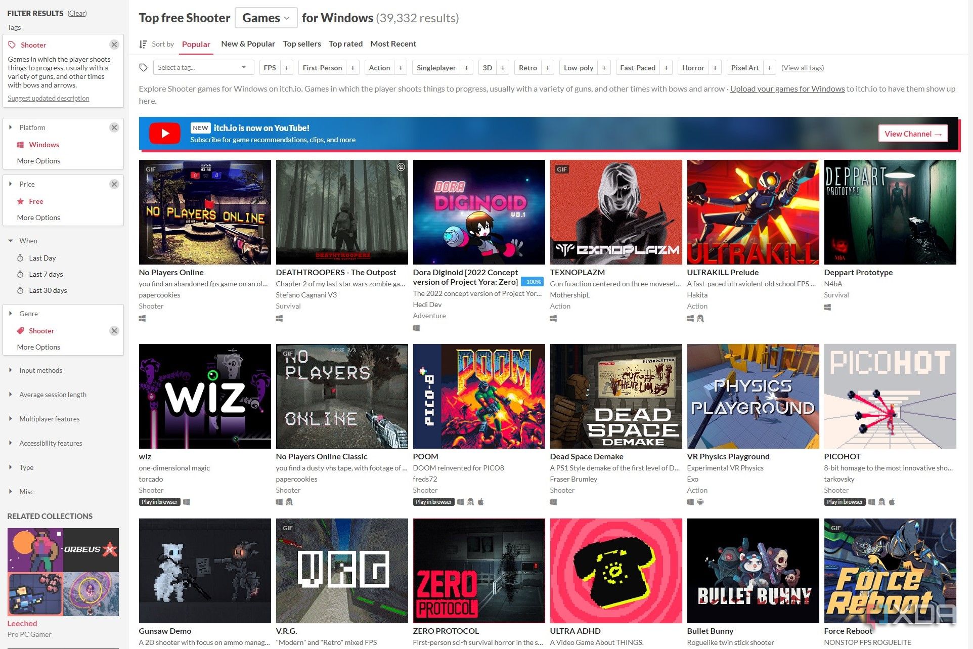 Screenshot of shooter games on Itch.io