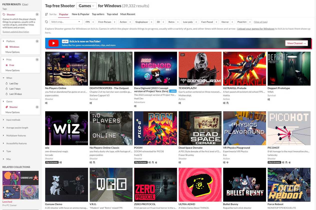 Screenshot of shooter games on Itch.io