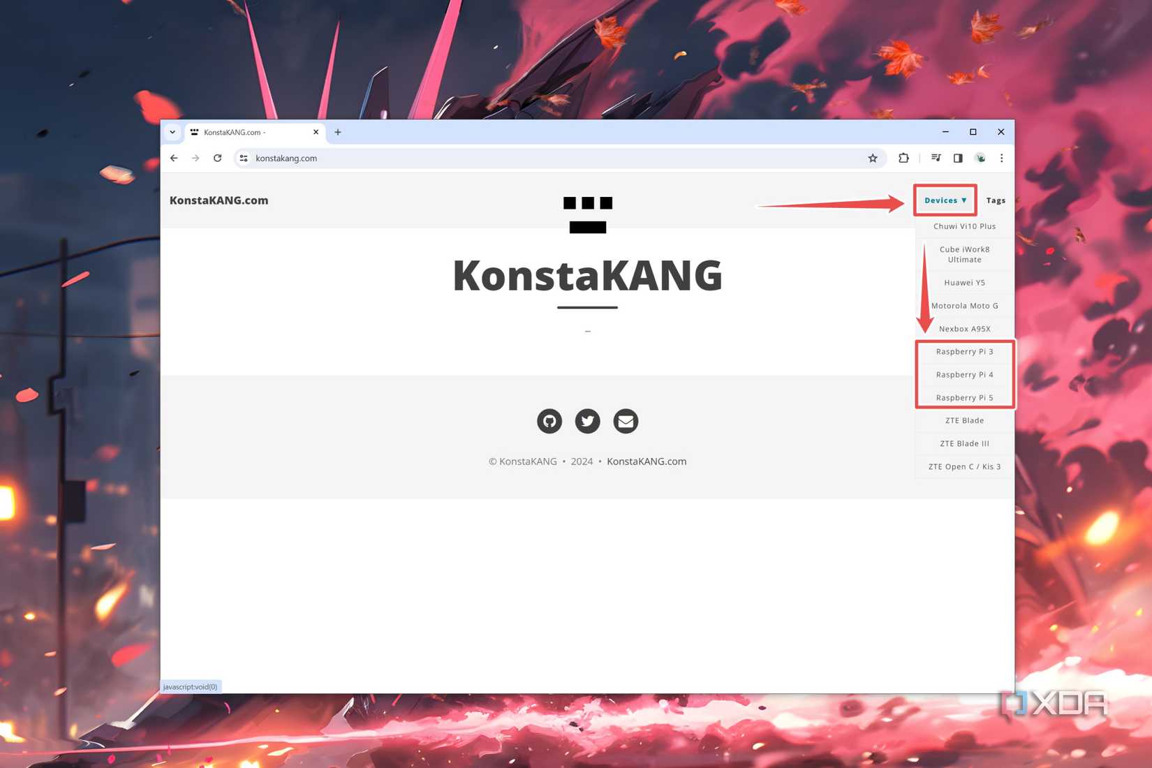 A screenshot of the KonstaKANG website depicting the procedure to select the Raspberry Pi model