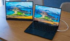 An LG Gram +View next to a laptop with both screens showing the Windows 11 desktop