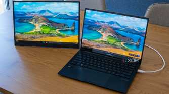 An LG Gram +View next to a laptop with both screens showing the Windows 11 desktop
