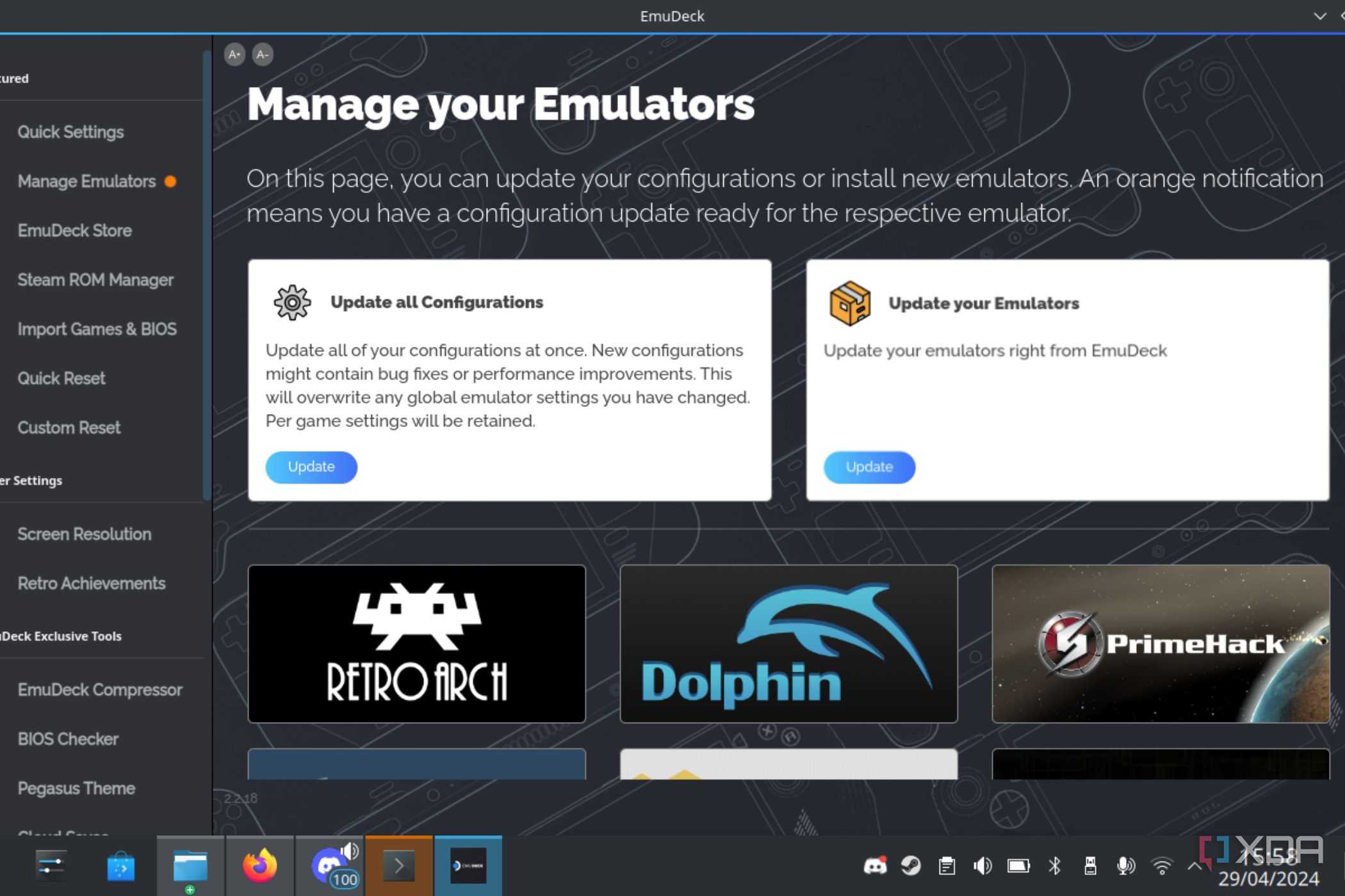A screenshot showing the option to manage your Emulator opion in EmuDeck.