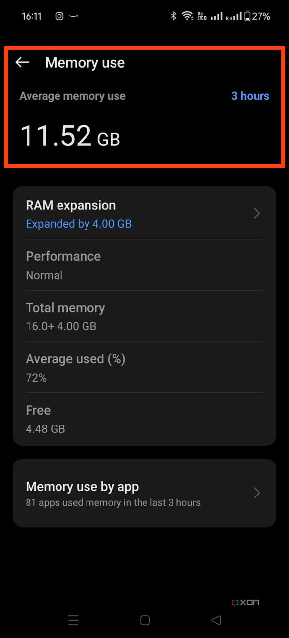 A screenshot showing the memory page on OnePlus 12 developer options.