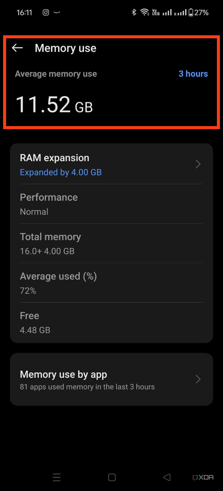 A screenshot showing the memory page on OnePlus 12 developer options.