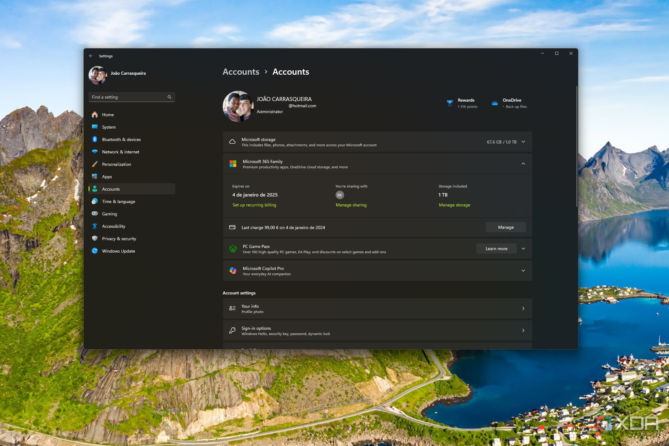 Screenshot of the Accounts page in Windows 11 Settingsa when signed in with a Microsoft account