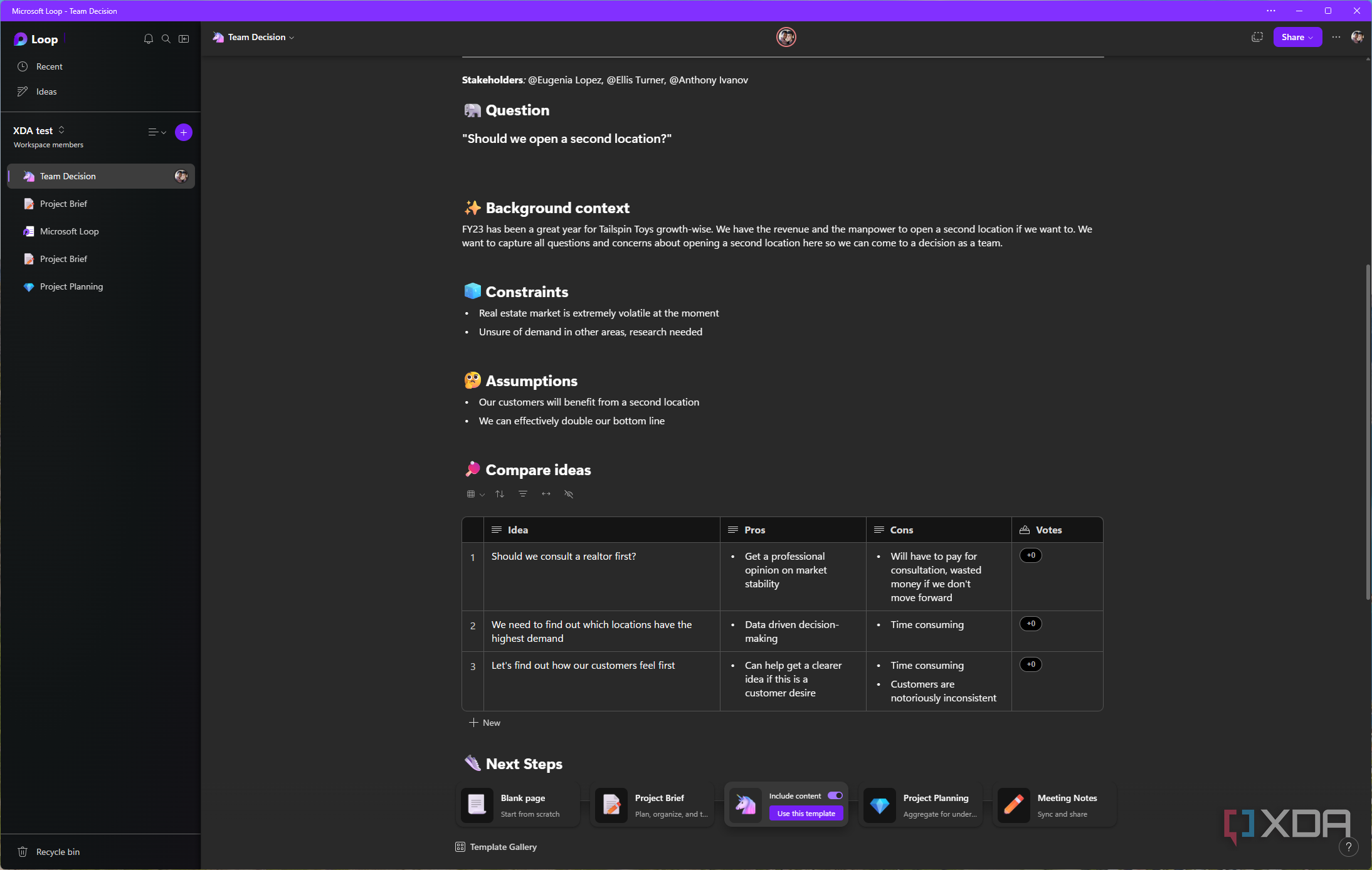 Screenshot of a Microsoft Loop template for idea discussion