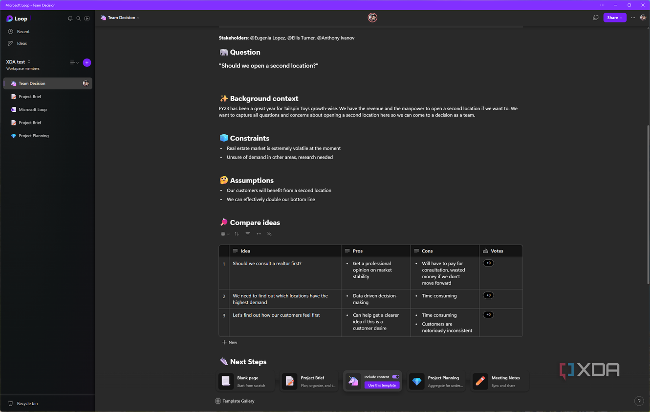 Screenshot of a Microsoft Loop template for idea discussion