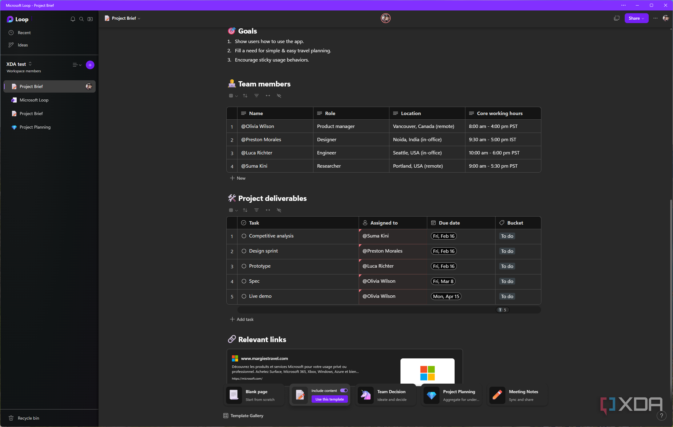 Screenshot of Microsoft Loop showing a template including team members and project deliverables