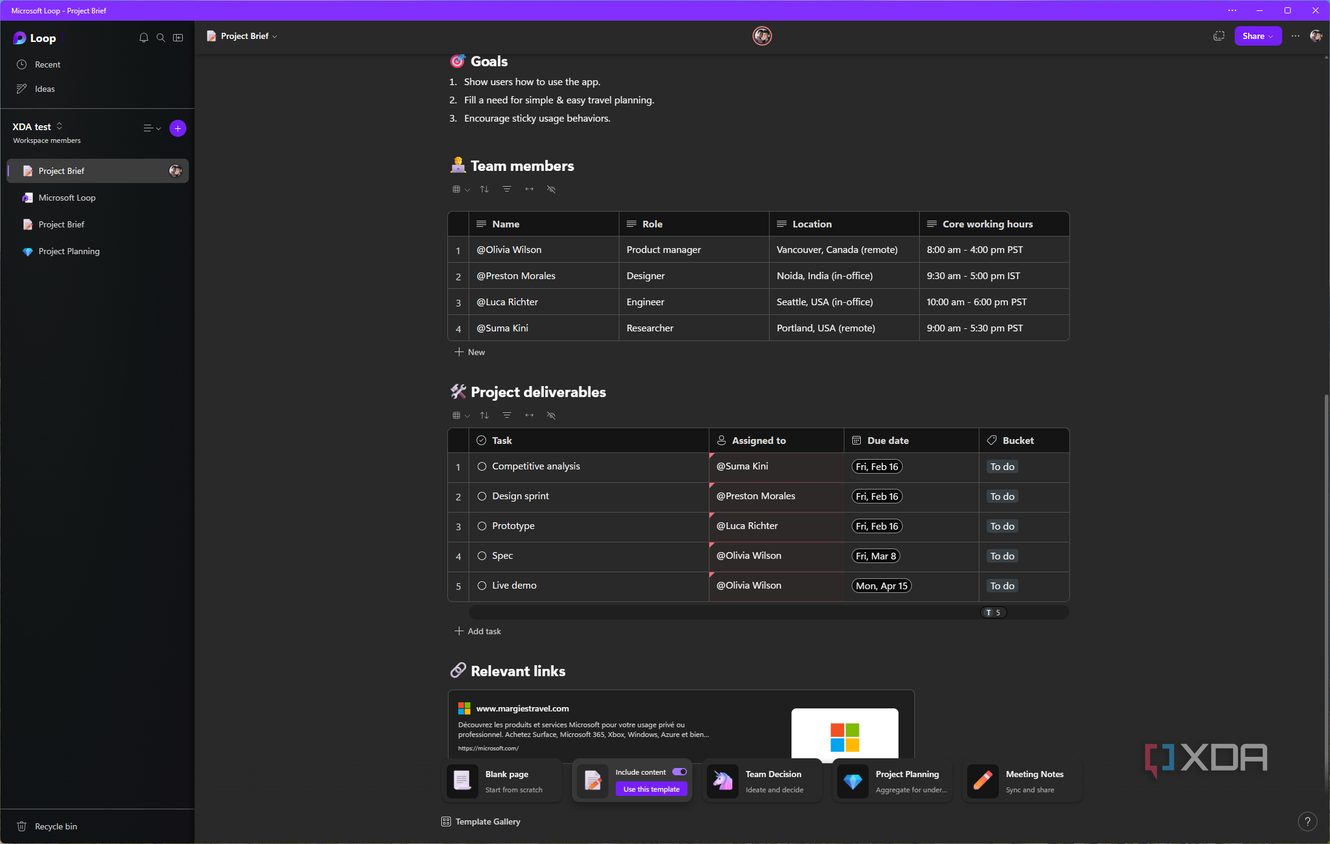 Screenshot of Microsoft Loop showing a template including team members and project deliverables