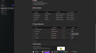 Screenshot of Microsoft Loop showing a template including team members and project deliverables