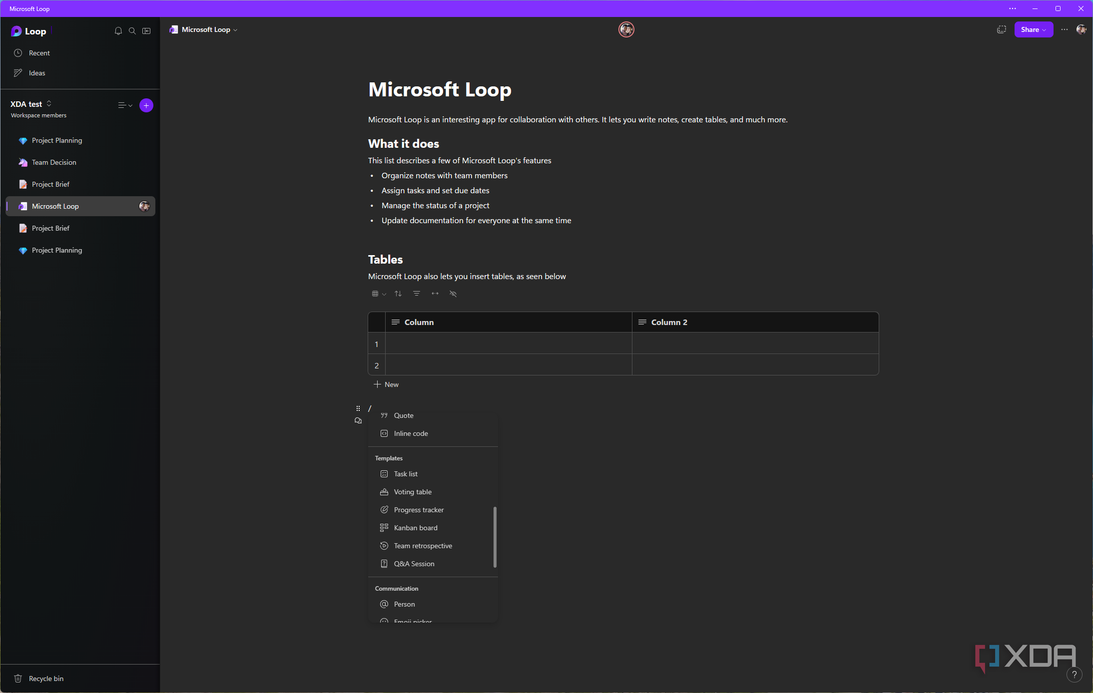 Screenshot of Microsoft Loop showing a list of elements that can be added to a page