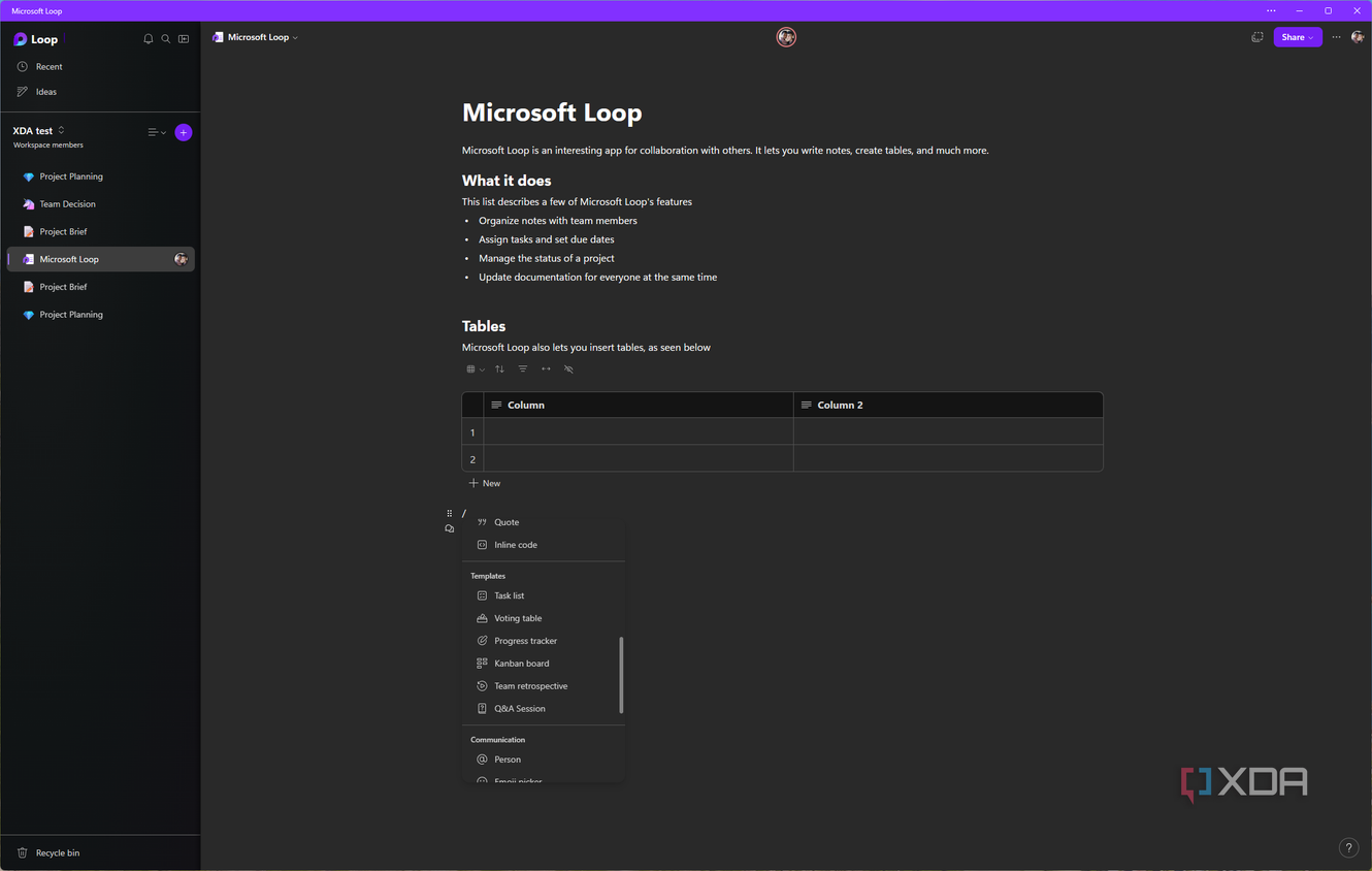 Screenshot of Microsoft Loop showing a list of elements that can be added to a page