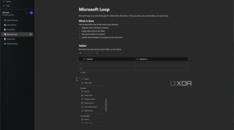 Screenshot of Microsoft Loop showing a list of elements that can be added to a page