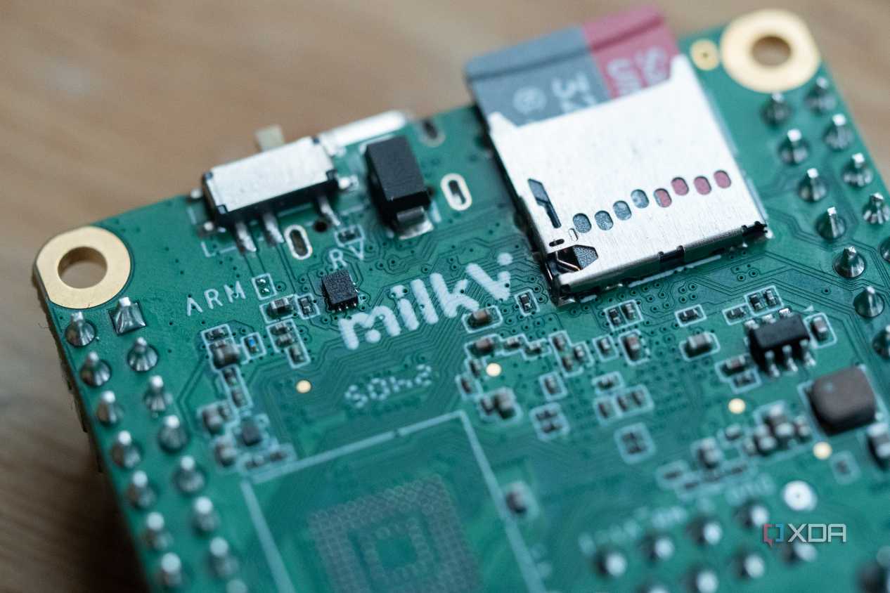 Back of the Milk V Duo S SBC, showing "milkV" and a microSD card