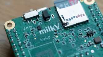 Back of the Milk V Duo S SBC, showing "milkV" and a microSD card