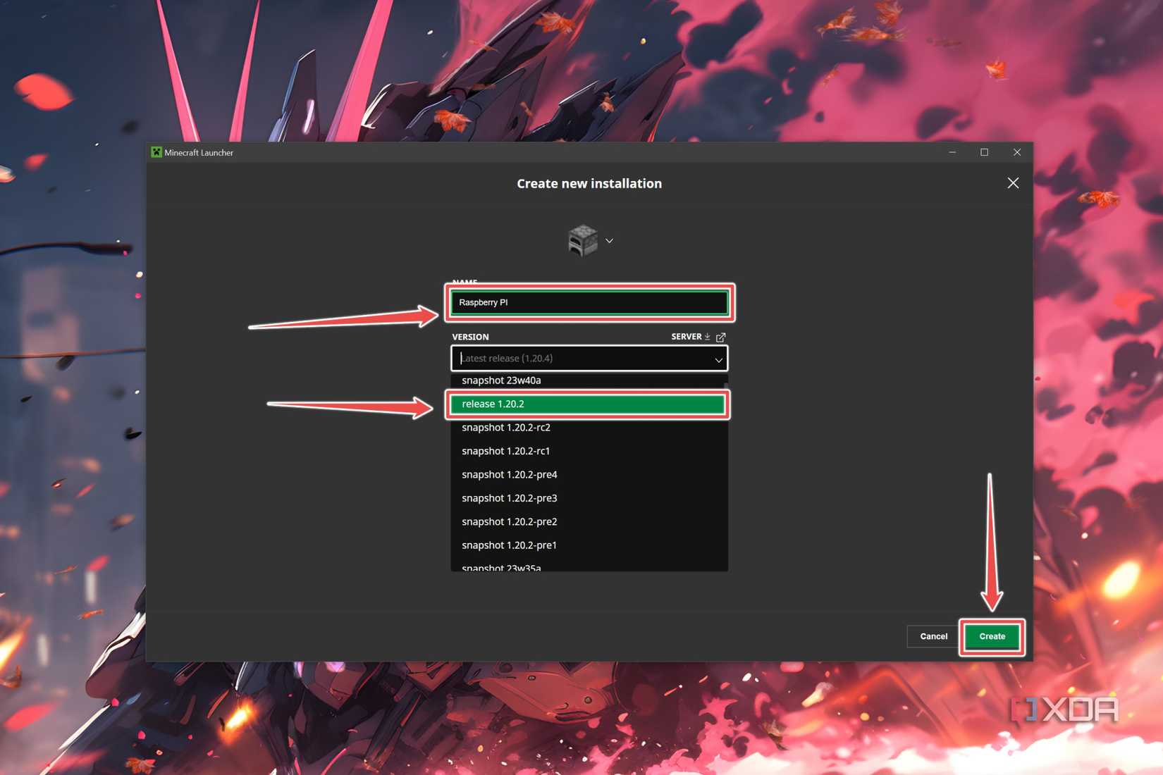 The settings used to create a new installation of Minecraft Java