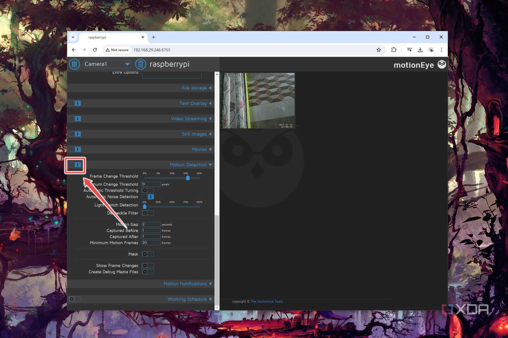 The Motion Detection settings available in MotionEye