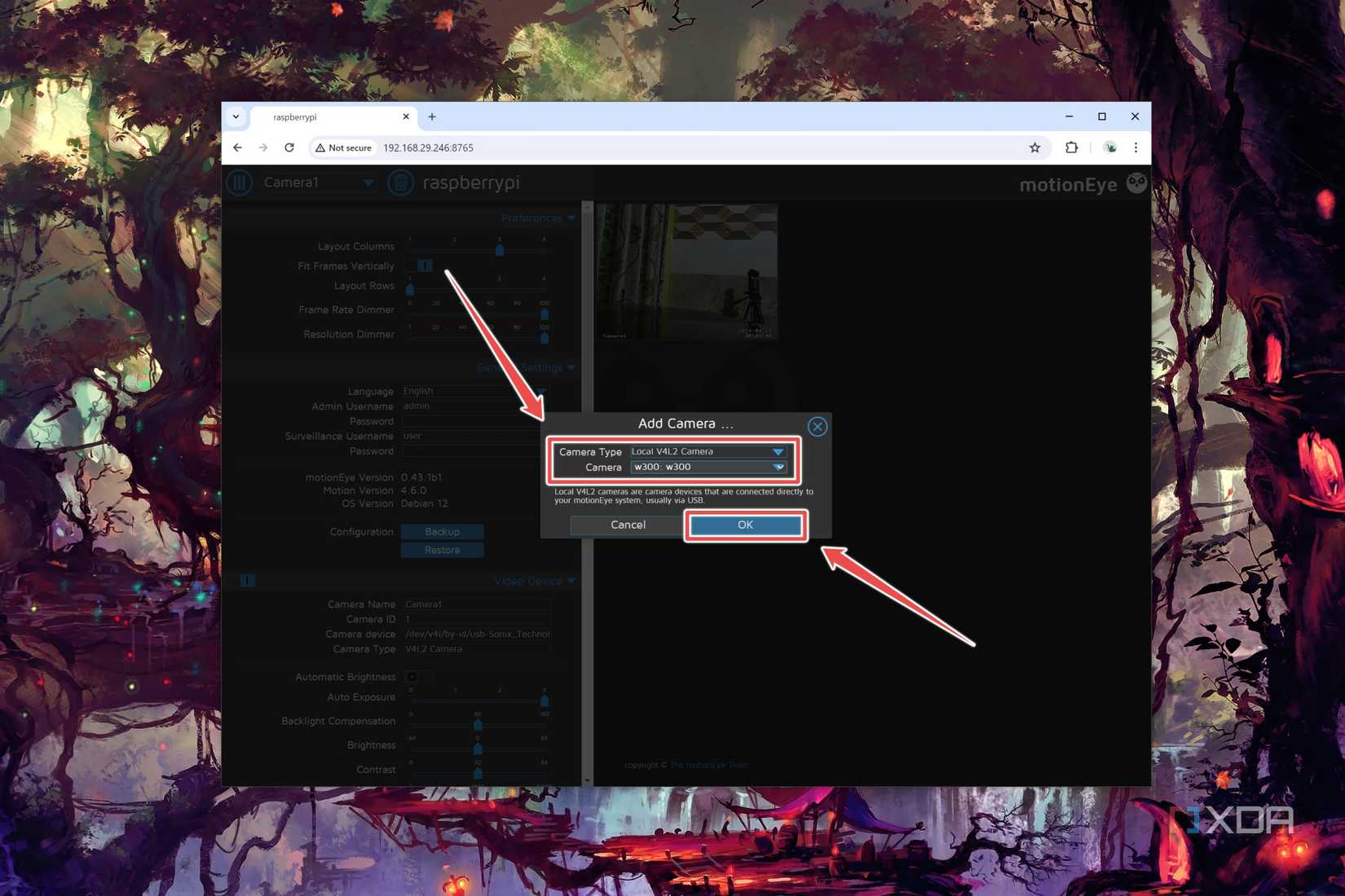 The Camera options highlighted in the MotionEye web interface