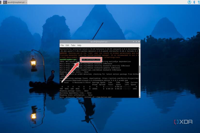 The motioneye_init command in the Raspberry Pi OS terminal