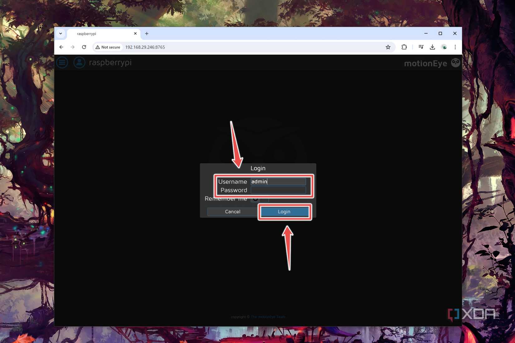 The login credentials of the MotionEye web interface