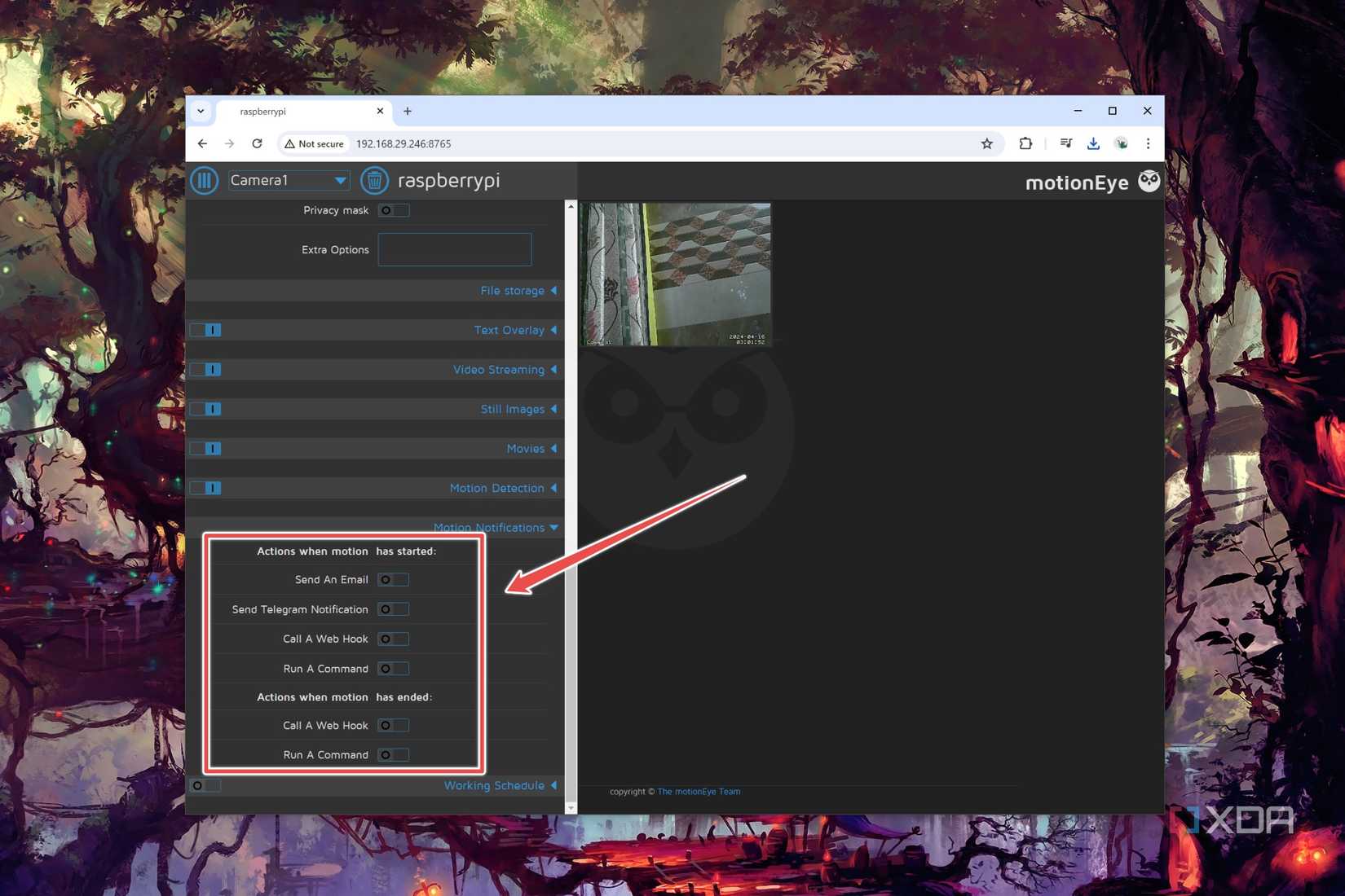The Motion Notifications settings in MotionEye