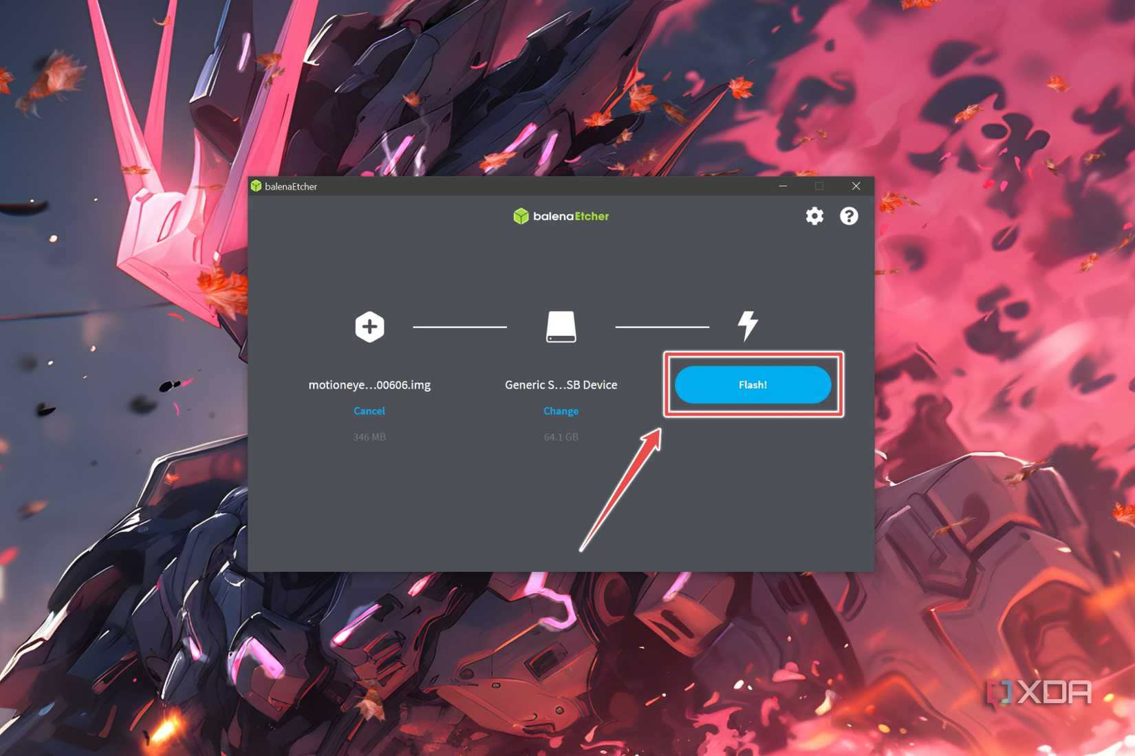 The Flash button highlighted in the portable version of Balena Etcher
