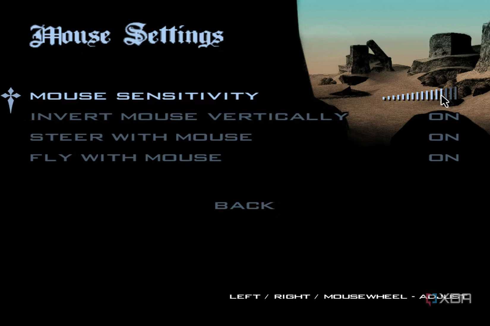 A screenshot showing the mouse sensitivity settings in GTA San Andreas options menu.