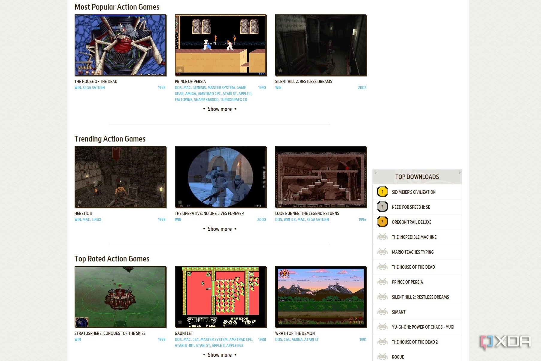 Screenshot of action games on My Abandonware