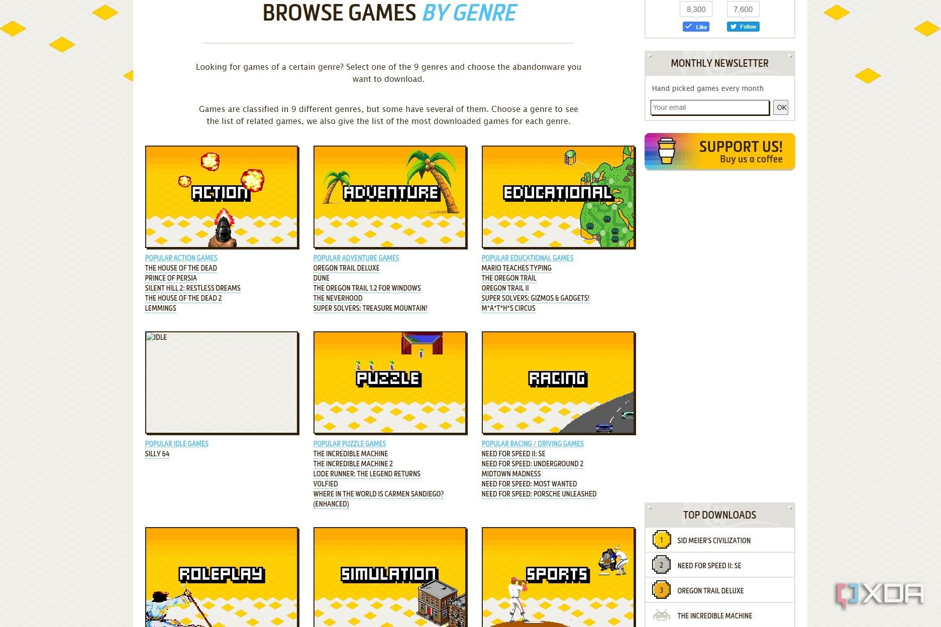 Screenshot of game genres on My Abandonware