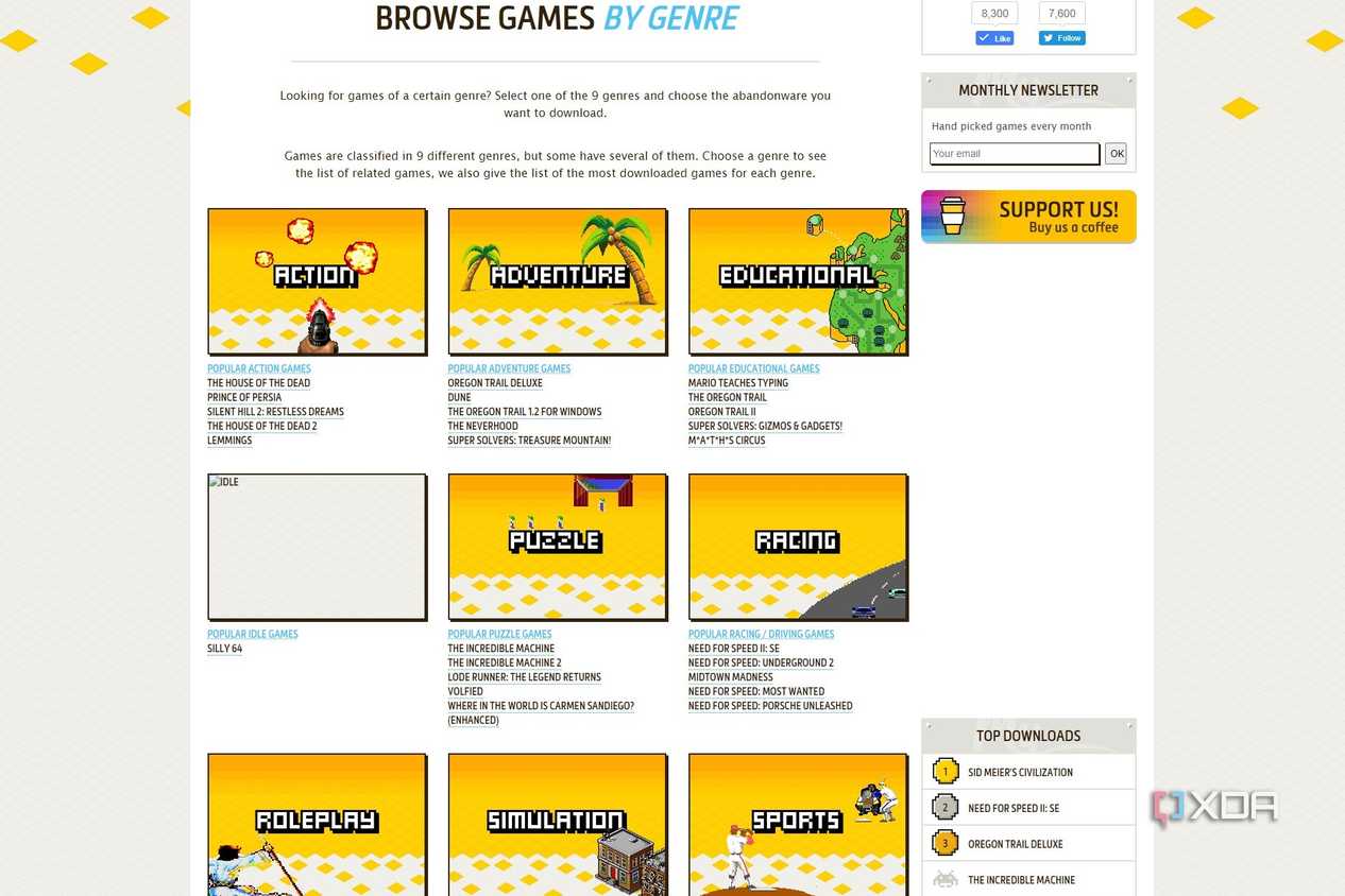 Screenshot of game genres on My Abandonware