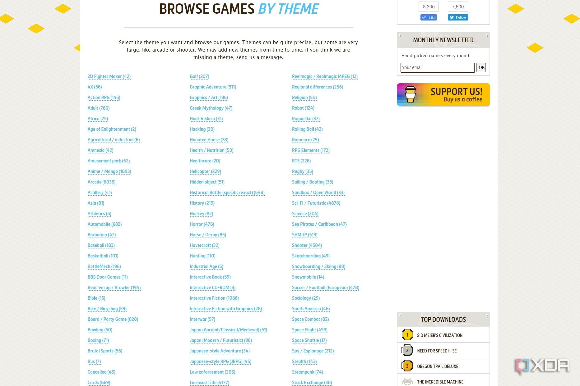 Screenshot of game themes on My Abandonware