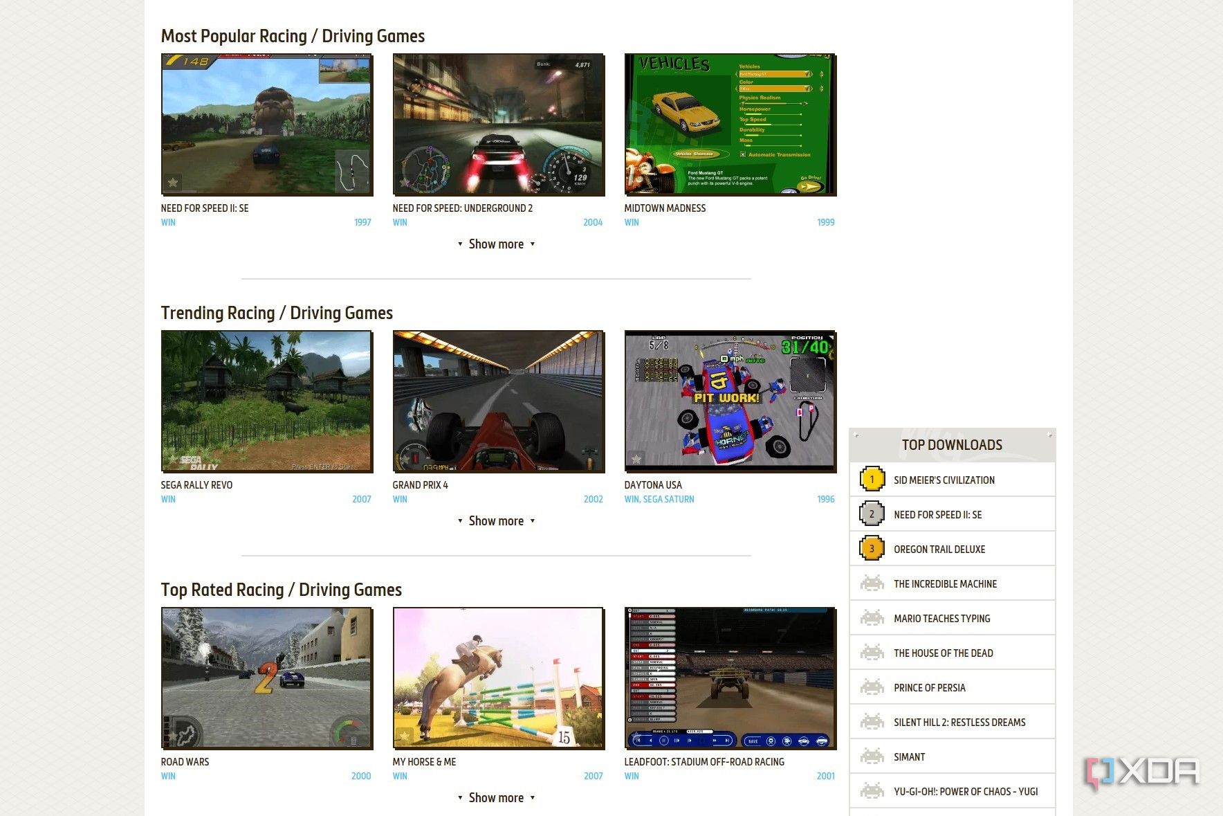 Screenshot of racing games on My Abandonware
