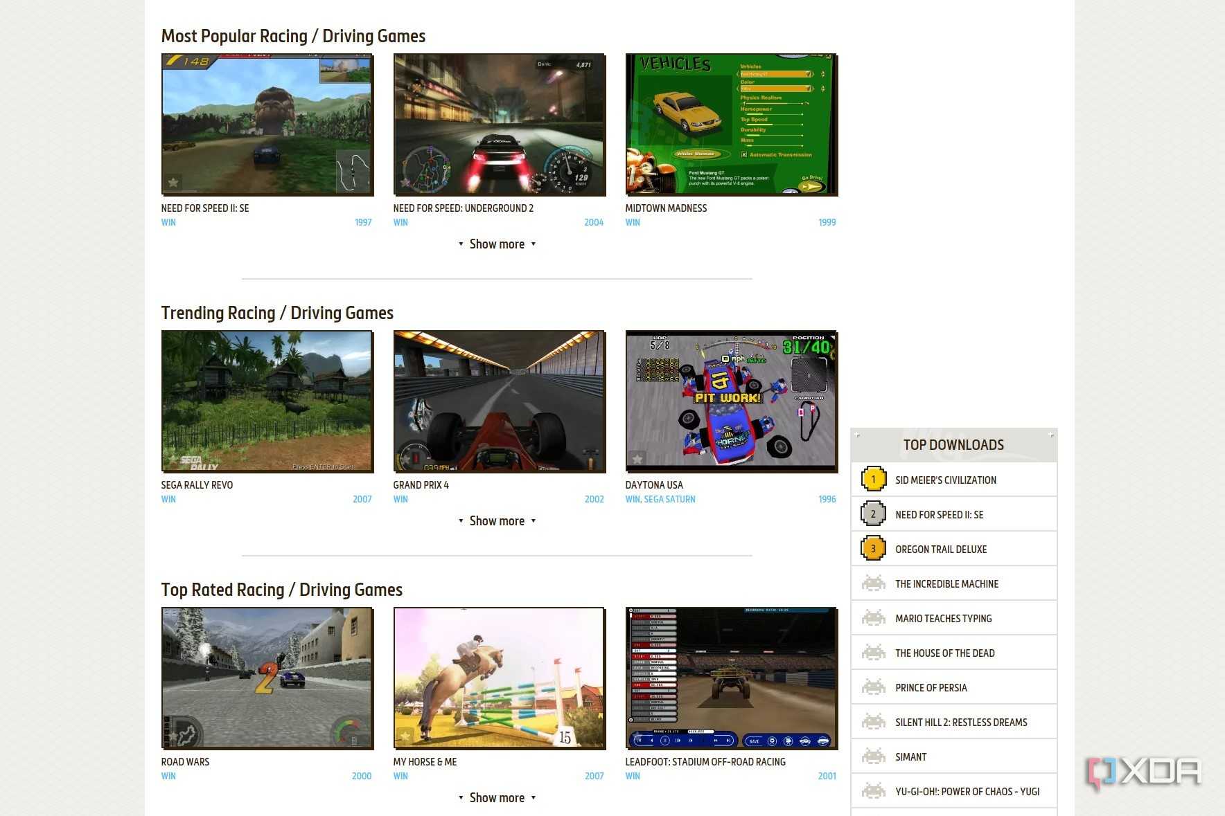 Screenshot of racing games on My Abandonware
