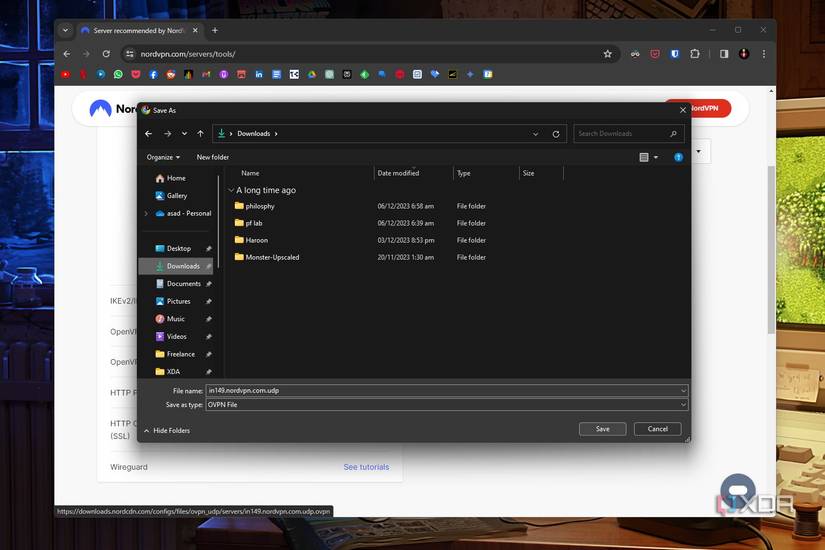 Windows 11 screenshot that shows the download folder while highlighting an OpenVPN UDP file.