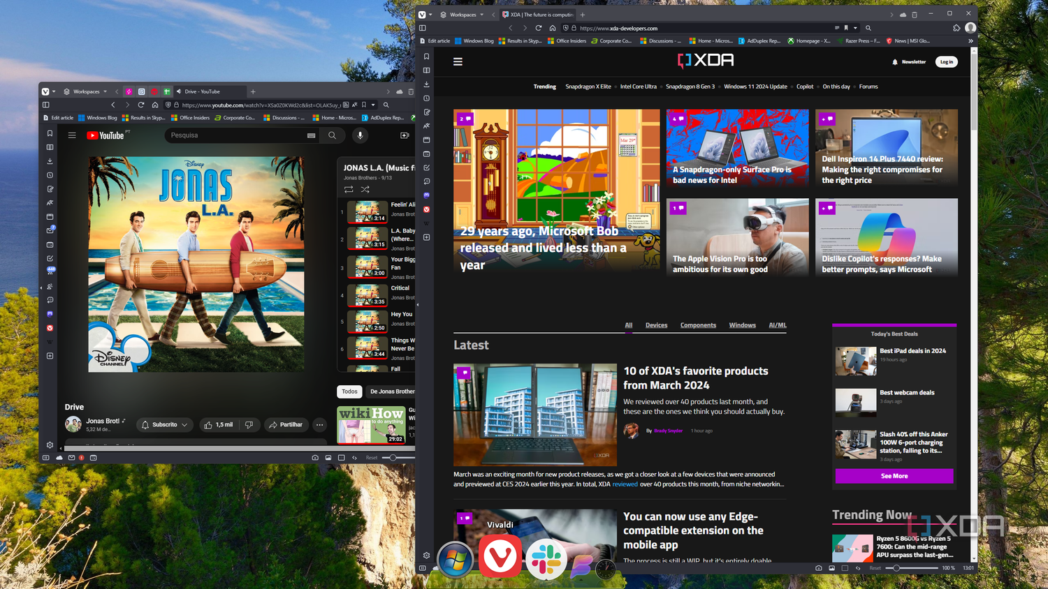 Screenshot of a Windows 11 desktop with two Vivaldi windows open and no indication in ObjectDesktop on how to switch between them
