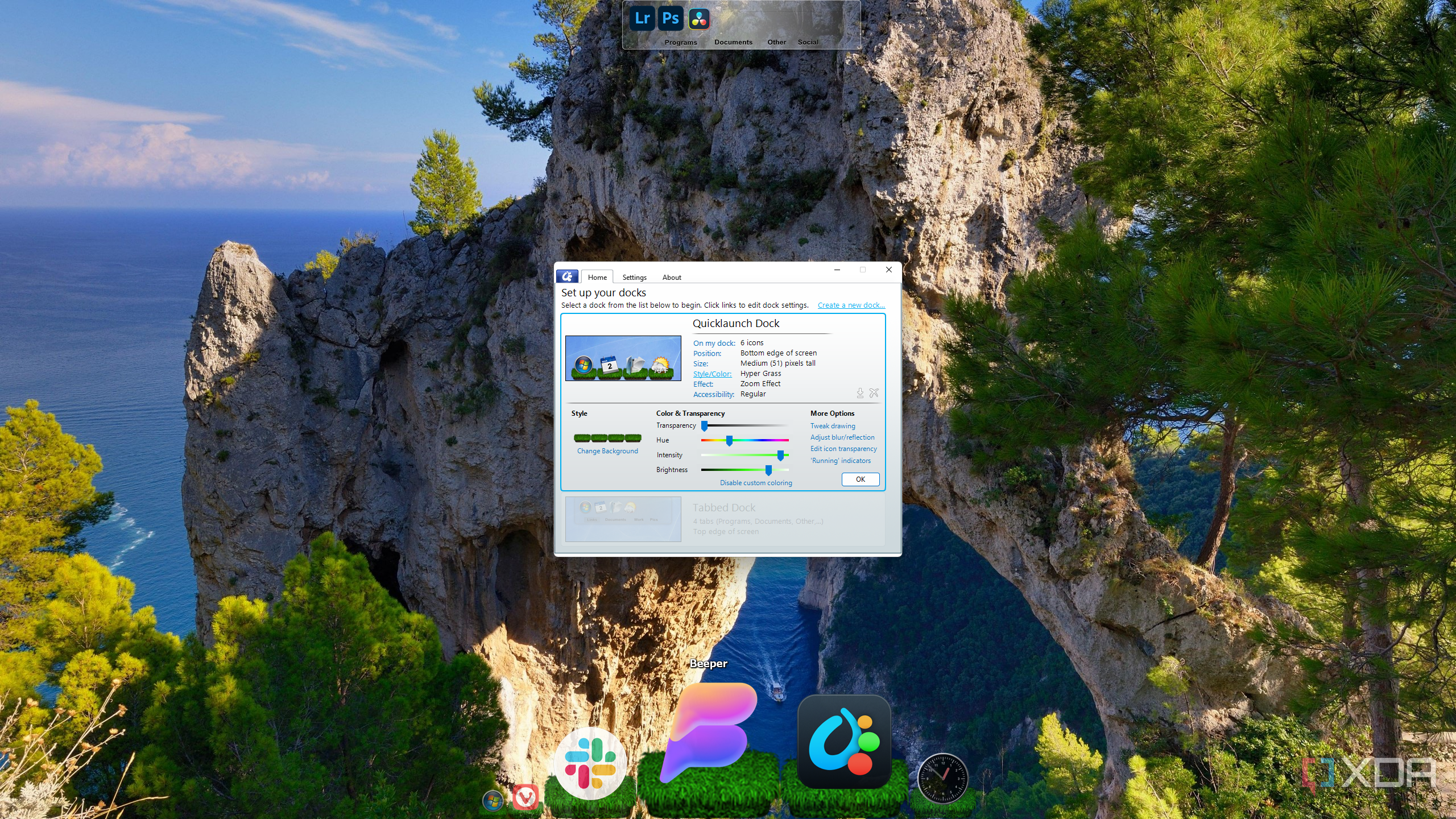 Screenshot of a Windows 11 PC running ObjectDock with very large zoomed icons and a grass pattern used for the background