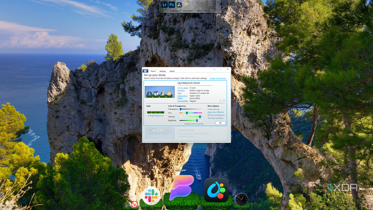 Screenshot of a Windows 11 PC running ObjectDock with very large zoomed icons and a grass pattern used for the background