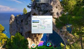 Screenshot of a Windows 11 PC running ObjectDock with very large zoomed icons and a grass pattern used for the background